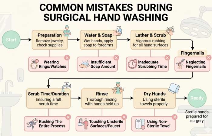 common mistakes during surgical hand washing