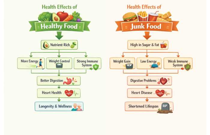 health effects of healthy food vs junk food